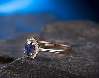 Princess Diana Inspired Blue Sapphire Ring in 18k Rose Gold ,Oval Diamond Engagement Ring ,Ceylon Blue Sapphire Anniversary Ring