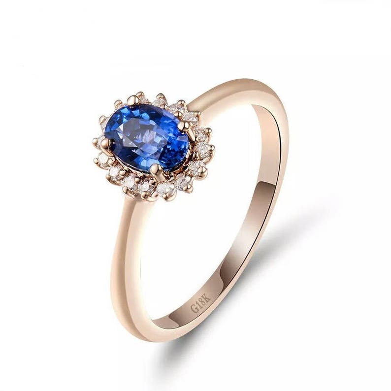 Princess Diana Inspired Blue Sapphire Ring in 18k Rose Gold ,Oval Diamond Engagement Ring ,Ceylon Blue Sapphire Anniversary Ring image 3