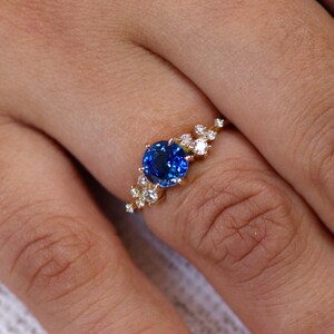 Unique Sapphire Cluster ring, Blue Sapphire Engagement Ring, Round Sapphire Ring,Ceylon Sapphire Ring, 14k Gold 6 mm Sapphire Ring image 4