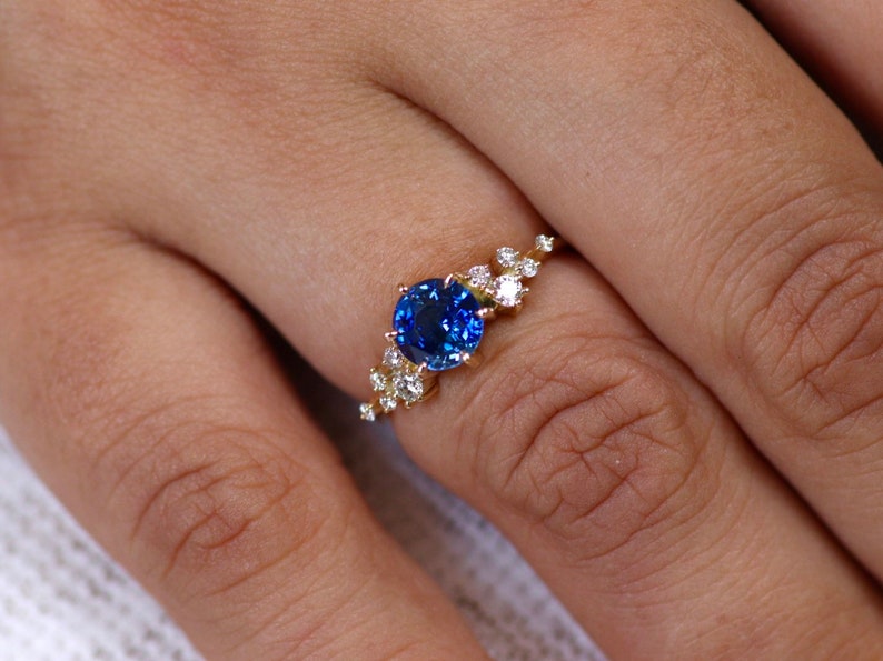 Unique Sapphire Cluster ring, Blue Sapphire Engagement Ring, Round Sapphire Ring,Ceylon Sapphire Ring, 14k Gold 6 mm Sapphire Ring image 4