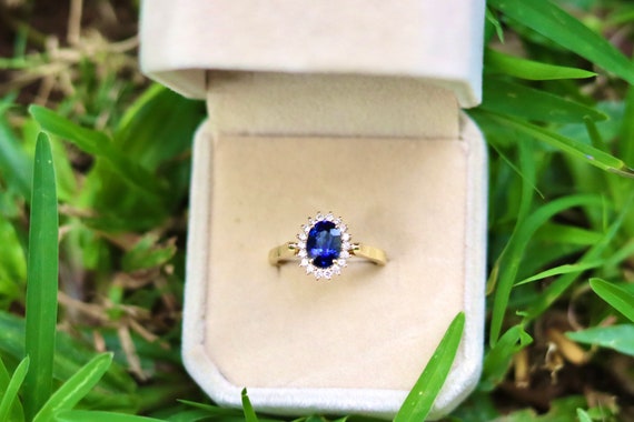 9ct Gold & Silver Blue Sapphire & cz Princess Diana Large Cluster Ring size  T | eBay