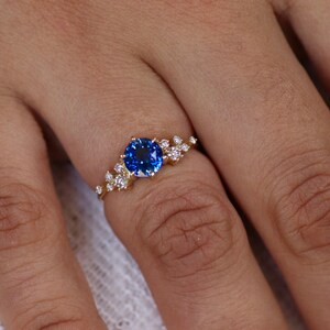 Unique Sapphire Cluster ring, Blue Sapphire Engagement Ring, Round Sapphire Ring,Ceylon Sapphire Ring, 14k Gold 6 mm Sapphire Ring image 6