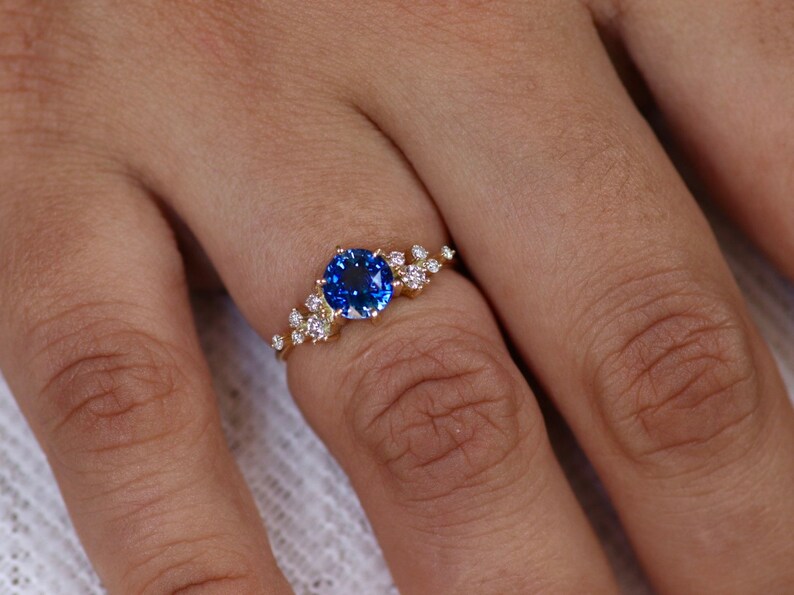 Unique Sapphire Cluster ring, Blue Sapphire Engagement Ring, Round Sapphire Ring,Ceylon Sapphire Ring, 14k Gold 6 mm Sapphire Ring image 6