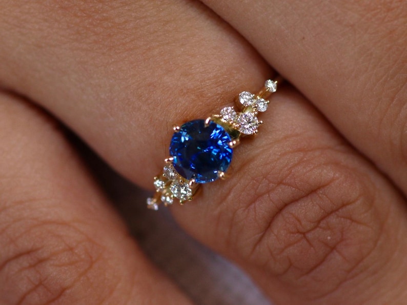 Unique Sapphire Cluster ring, Blue Sapphire Engagement Ring, Round Sapphire Ring,Ceylon Sapphire Ring, 14k Gold 6 mm Sapphire Ring image 2