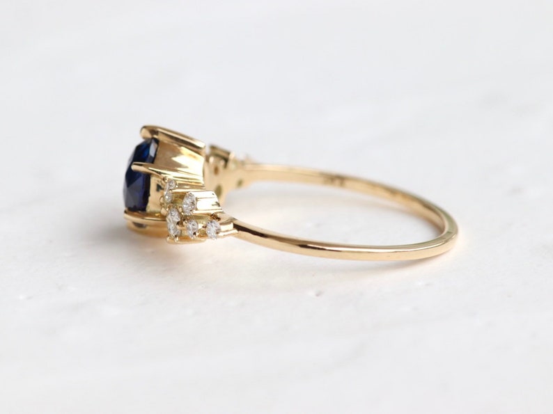 Unique Sapphire Cluster ring, Blue Sapphire Engagement Ring, Round Sapphire Ring,Ceylon Sapphire Ring, 14k Gold 6 mm Sapphire Ring image 8