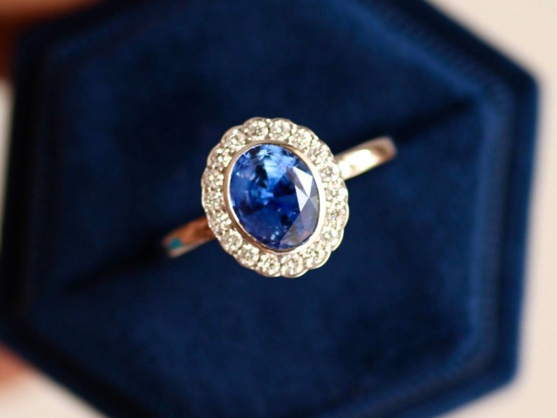 Vintage Sapphire Ring Blue Sapphire Engagement Ring White Gold Art Deco Engagement Ring Oval Sapphire diamond wedding ring image 3
