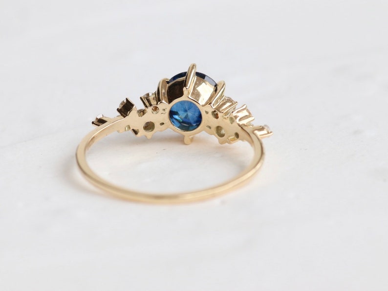 Unique Sapphire Cluster ring, Blue Sapphire Engagement Ring, Round Sapphire Ring,Ceylon Sapphire Ring, 14k Gold 6 mm Sapphire Ring image 5