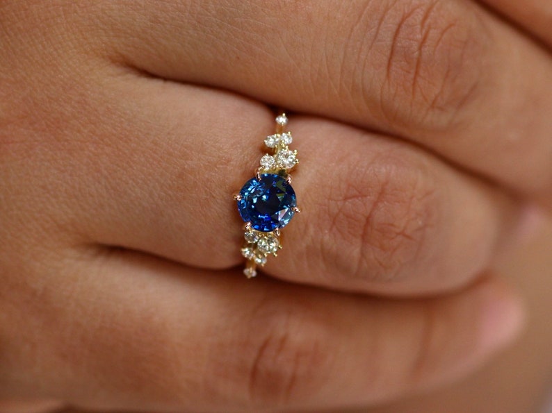 Unique Sapphire Cluster ring, Blue Sapphire Engagement Ring, Round Sapphire Ring,Ceylon Sapphire Ring, 14k Gold 6 mm Sapphire Ring image 3