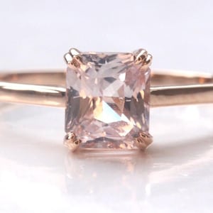 14k Rose Gold Peach Sapphire Ring: Radiant Solitaire Engagement Ring
