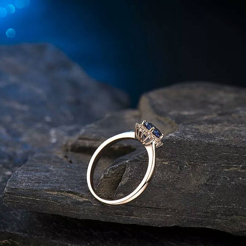 Princess Diana Inspired Blue Sapphire Ring in 18k Rose Gold ,Oval Diamond Engagement Ring ,Ceylon Blue Sapphire Anniversary Ring image 4