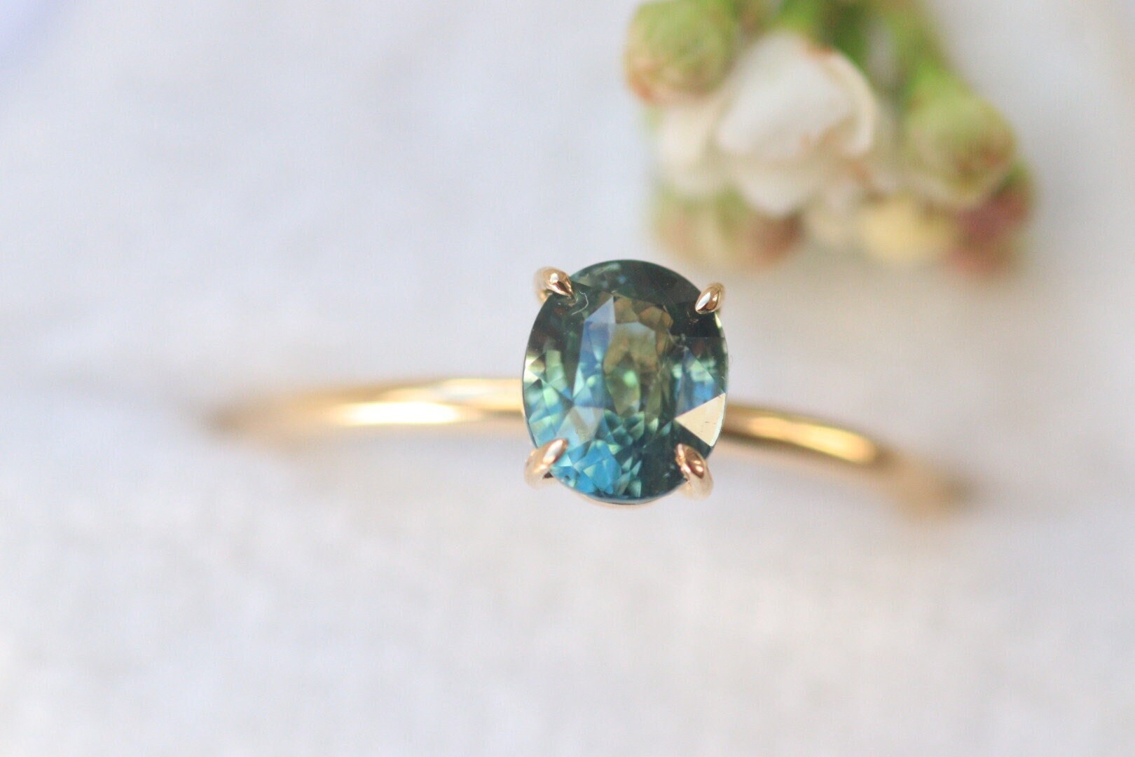 Simple ring for her birthday or anniversarry , Natural Teal Sapphire Ring, Oval Engagement Ring, Yellow Gold Ring, Unique Blue Green Stone