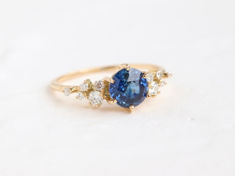 Unique Sapphire Cluster ring, Blue Sapphire Engagement Ring, Round Sapphire Ring,Ceylon Sapphire Ring, 14k Gold 6 mm Sapphire Ring image 1