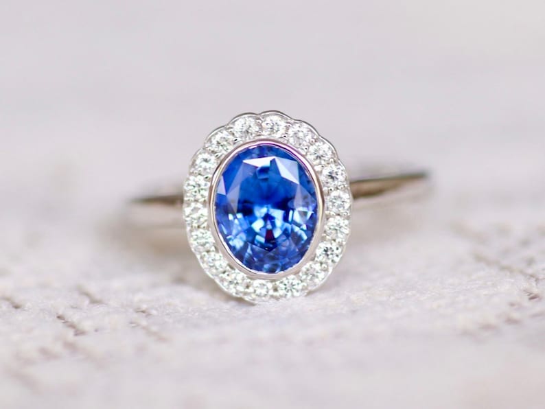 Vintage Sapphire Ring Blue Sapphire Engagement Ring White Gold Art Deco Engagement Ring Oval Sapphire diamond wedding ring image 1