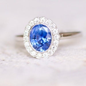 Vintage Sapphire Ring Blue Sapphire Engagement Ring White Gold Art Deco Engagement Ring Oval Sapphire diamond wedding ring image 6
