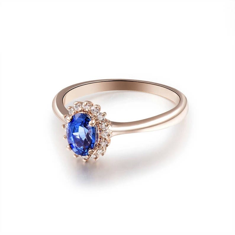 Princess Diana Inspired Blue Sapphire Ring in 18k Rose Gold ,Oval Diamond Engagement Ring ,Ceylon Blue Sapphire Anniversary Ring image 2