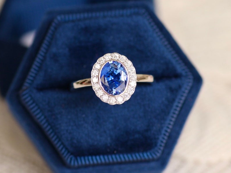 Vintage Sapphire Ring Blue Sapphire Engagement Ring White Gold Art Deco Engagement Ring Oval Sapphire diamond wedding ring image 2