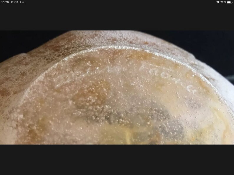 May include: Close-up of a clear glass bowl with a textured surface. The bowl has a faint inscription that reads "Cristal de Baccarat".