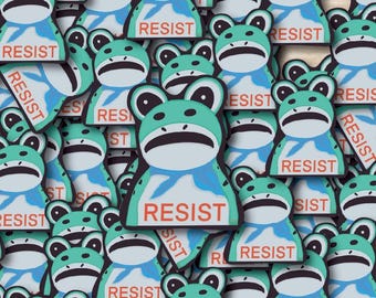 Paquete de calcomanías individuales de rana “Resist”, calcomanías de vinilo troqueladas impermeables de rana Portland dibujadas a mano: 1, 10, 20, 30, 40, 50 y 100.