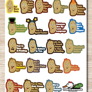 Foglio di adesivi laminati con giochi di parole positivi sulla patata - 20 adesivi con taglio contorno