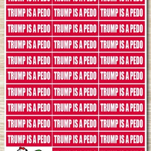 Könnte beinhalten: Ein Bogen mit rechteckigen Aufklebern mit rotem Hintergrund und weißem Text, der TRUMP IS A PEDO lautet. Der Bogen enthält mehrere Reihen dieser Aufkleber, und in der unteren linken Ecke befindet sich ein Logo einer Ente und einer Schildkröte mit dem Text TURTLEGOOSE GRAPHICS.
