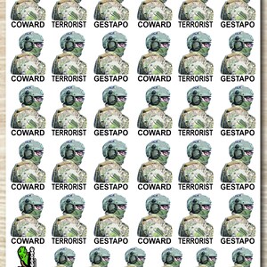 May include: Sheet of stickers featuring a soldier in camouflage gear, a helmet, and sunglasses. The words "COWARD," "TERRORIST," and "GESTAPO" are printed above each soldier image. The Turtle Goose Graphics logo is in the bottom left corner.