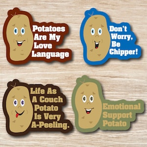 Etiqueta engomada impermeable positiva del juego de palabras de la patata: "Couch Potato" "No te preocupes, sé alegre" "Las patatas son mi lenguaje de amor" "Patata de apoyo emocional"