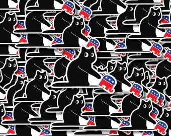 Cute Black Cat Pushes Republicans Off Table Individual Sticker Pack, Die Cut Waterproof Vinyl decals - 1, 10, 20, 30, 40, 50 and 100.