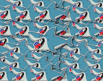 Cute Shark Eating Republican Elephant Individual Sticker Pack, Die Cut Waterproof Vinyl decals - 1, 10, 20, 30, 40, 50 and 100.