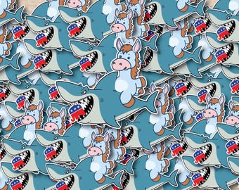 Cute Democrat Donkey Riding Shark Eating Republican Elephant Individual Sticker Pack, Waterproof  decals - 1, 10, 20, 30, 40, 50 and 100.