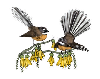 Native New Zealand Piwakawaka (Fantail) and Kowhai Flowers Illustrated A4 or A3 Print