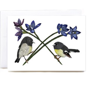 Miromiro (Tomtit) et carte de voeux orchidée néo-zélandaise | Illustration de fleur d'oiseau originaire de Nouvelle-Zélande | Carte artistique A6 vierge avec livraison gratuite