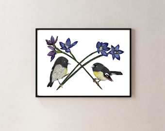 Impresión artística de orquídeas nativas de Nueva Zelanda / Ilustración botánica y de aves de Nueva Zelanda / Giclée de artista local