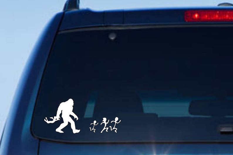 2 Sasquatch Chasing Family Vinyl Decals. Car, Window, Laptop Decal