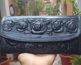 Light Blue Leather Wallet for Women – Hand-Engraved Handmade Clutch, Artisan Genuine Purse, Unique Gift