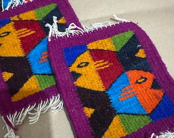 Set of  4 Woven Wool Coasters – Fish Design – Purple Background – Handwoven on Loom – Geometric Colors – Artisan Oaxaca Textiles