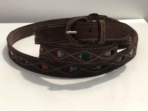 VINTAGE Multicolored Cotton Tooled Leather Belt VINTAGE MADE IN GUATEMALA COTTON WOVEN TOOLED BROWN LEATHER  main image 3