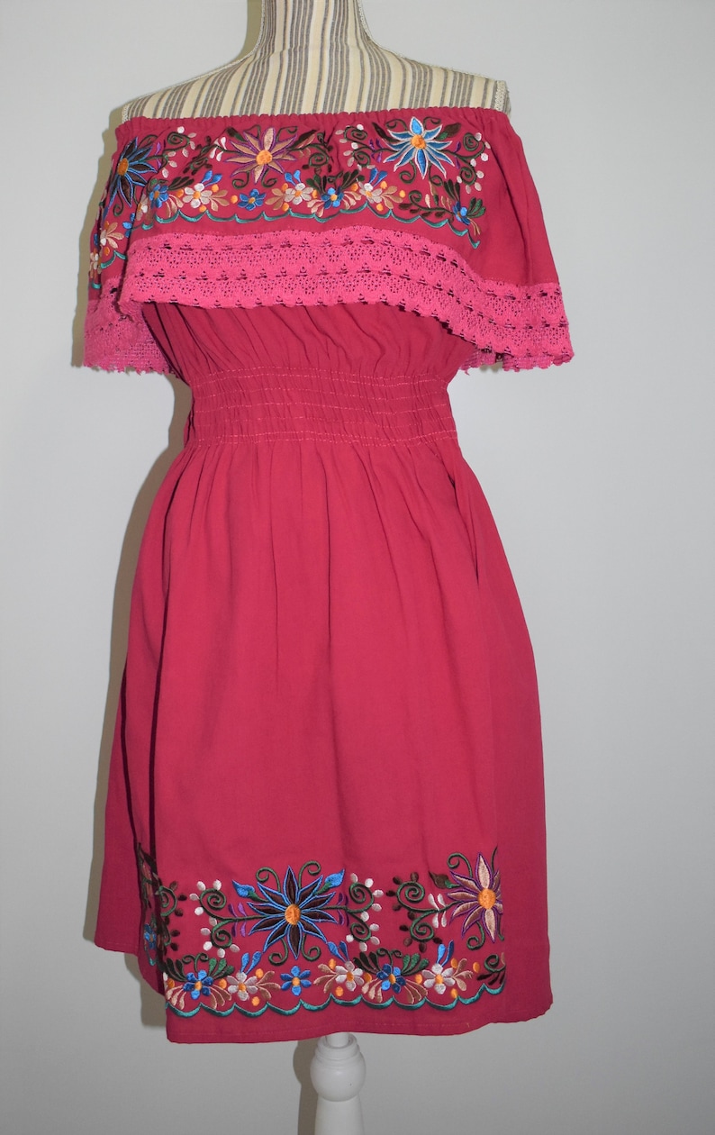 peasant dress Campesino Mexican dresses Mexican embroidered dress strapless dress Puebla embroidered dress pink Mexican dress woman