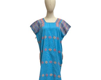 Turquoise huipil met neonbrokaat – handgeweven katoenen kaftan – Oaxaca ambachtelijke blouse – resortklaar – rugband weefgetouw – uniek