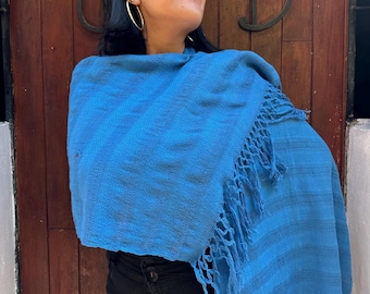 Teal Blue Handwoven Rebozo – 100% Cotton Shawl, Scarf, or Wrap | Artisan Made
