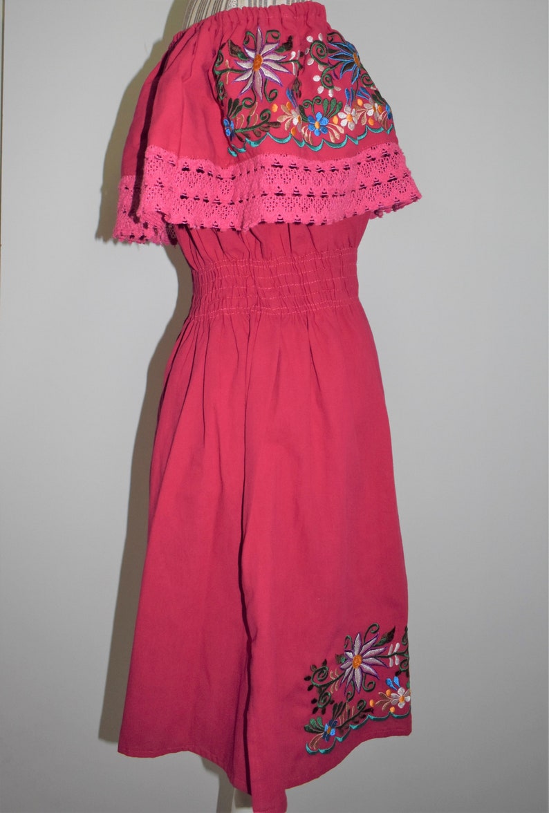 peasant dress Campesino Mexican dresses Mexican embroidered dress strapless dress Puebla embroidered dress pink Mexican dress woman
