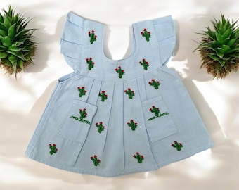 Hand-Embroidered Baby Blue Baby Dress – Cactus Design, Soft Cotton, Ruffles – Sizes 0 to 6 Years