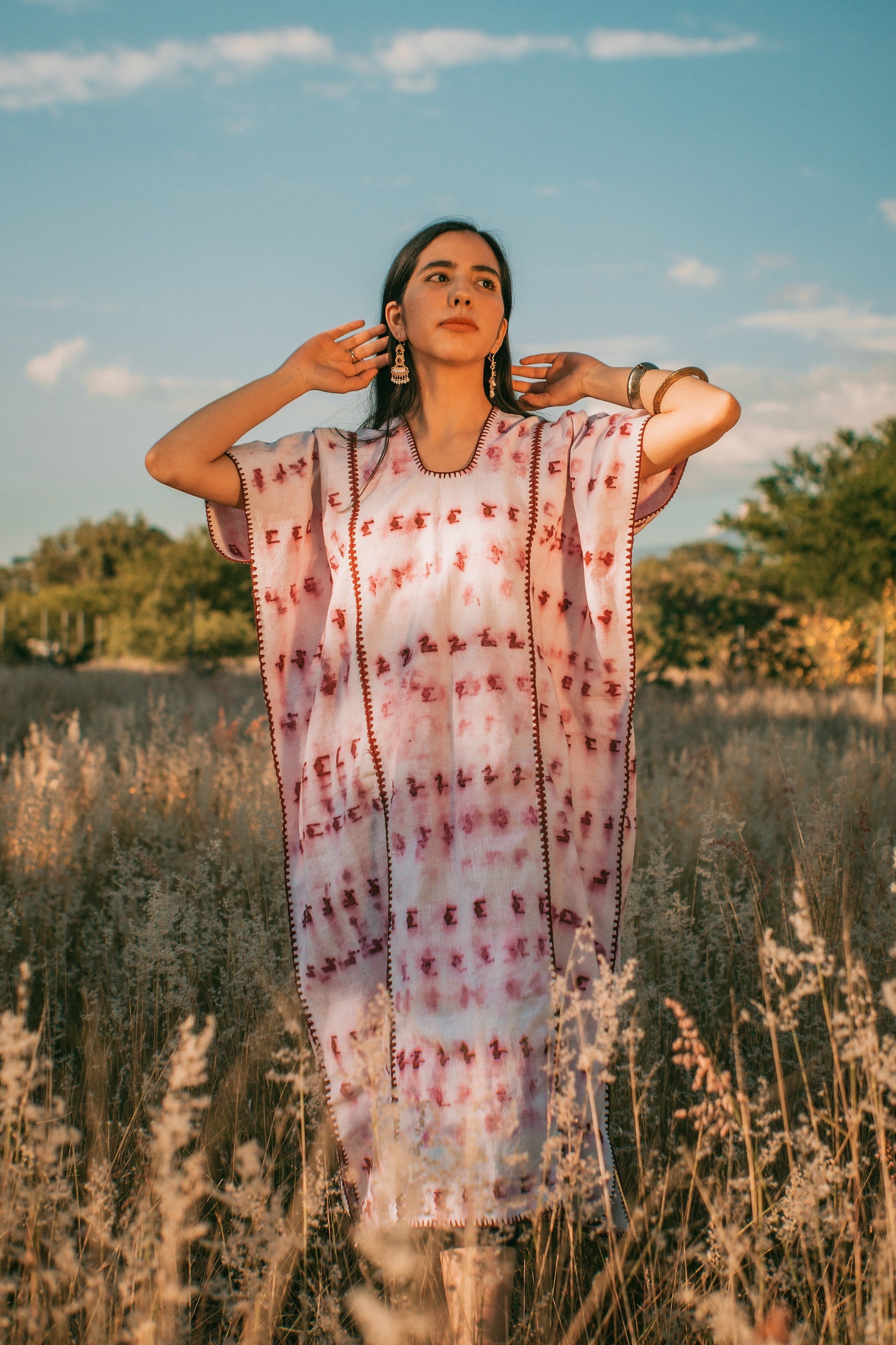 Handmade Loom Huipil Dress, Natural Dye Kaftan, Boho Bohemian Long Dress