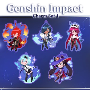 May include: Set of five Genshin Impact character charms. The charms feature chibi versions of the characters Diluc, Tartaglia, Ganyu, Klee, and Eula. Each charm is surrounded by a colorful aura representing their element. The charms are labeled "Genshin Impact Charm Set 1".