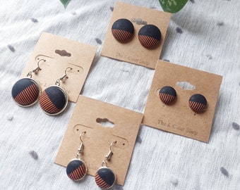 Handmade Black & Orange Fabric Button Earrings: Hypoallergenic Halloween Jewelry