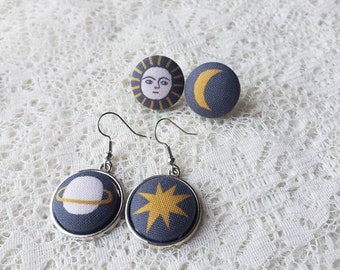 Celestial Fabric Button Earrings: Sun, Moon, Saturn, Starburst