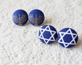 Hanukkah Fabric Button Earrings: Star of David, Menorah