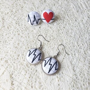 Heartbeat Fabric Button Earrings: Nurse/Cardiologist Gift