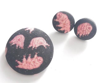 Tardigrade Fabric Button Earrings: Water Bear Pin