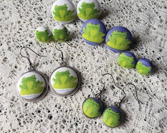 Frog Fabric Button Earrings: Handmade Amphibian Jewelry