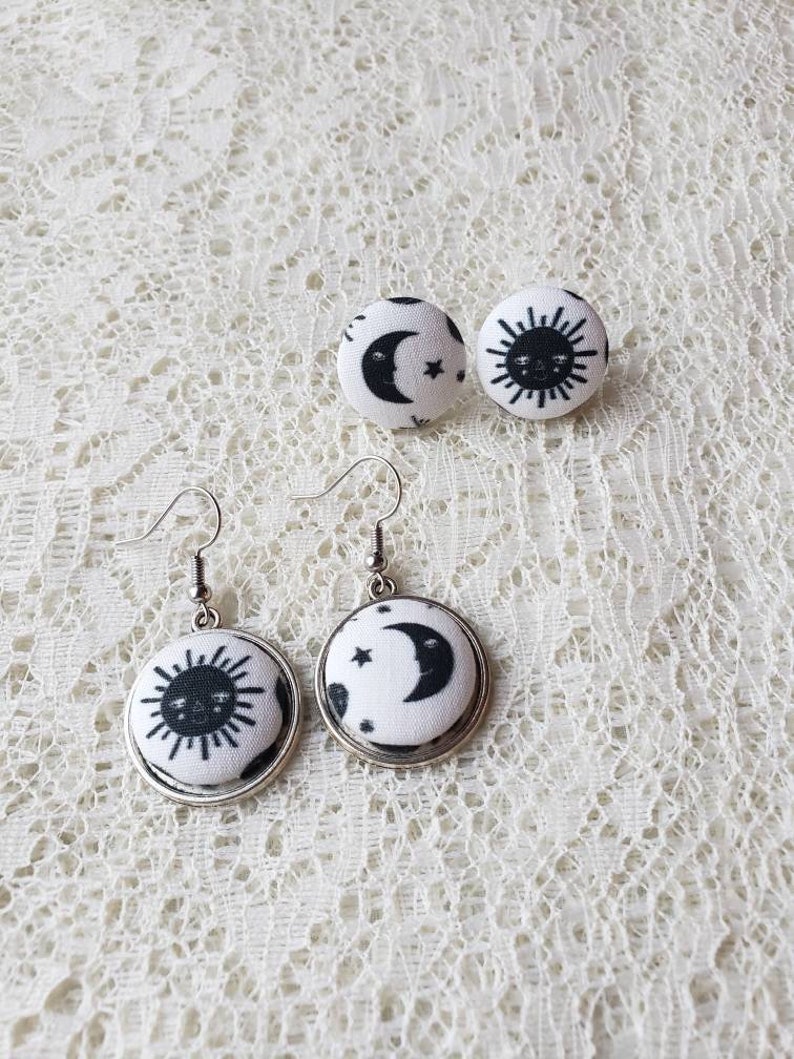 Sun and Moon Fabric Button EarringsSun and Moon JewelrySun EarringsMoon EarringsBlack and White JewelrySolarLunarFabric Earrings